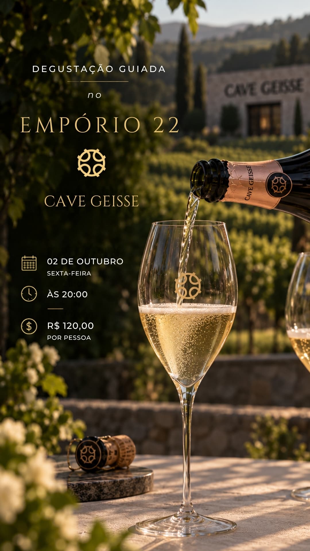 Espumante Cave Geisse sendo servido, com o vinhedo ao fundo